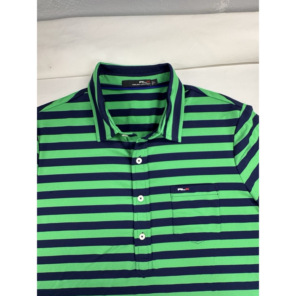 RLX Ralph Lauren Men's Polo Shirt L Green/Blue Striped Short Sleeve Collared - Picture 2 of 9